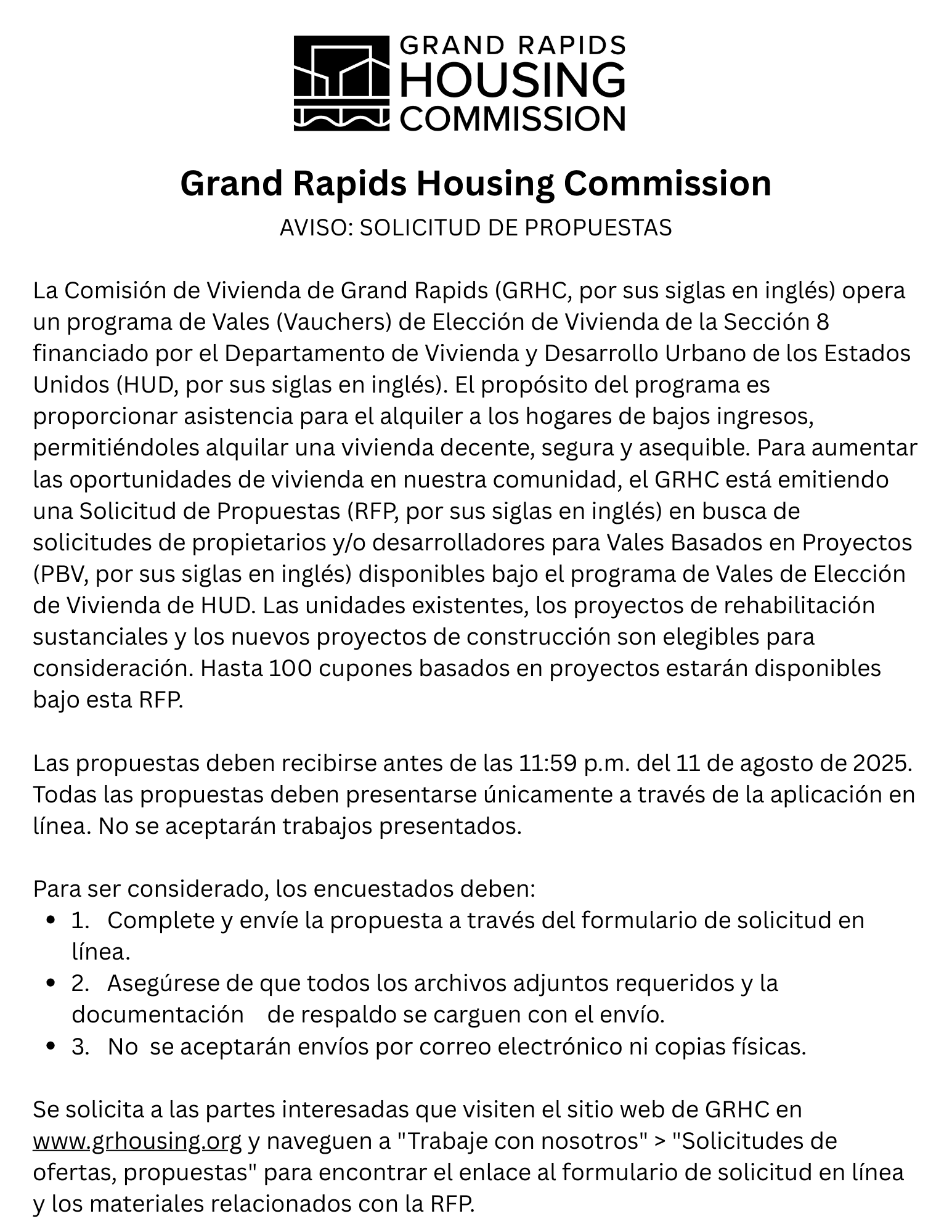Grand Rapids Housing Commission AVISO: SOLICITUD DE PROPUESTAS
